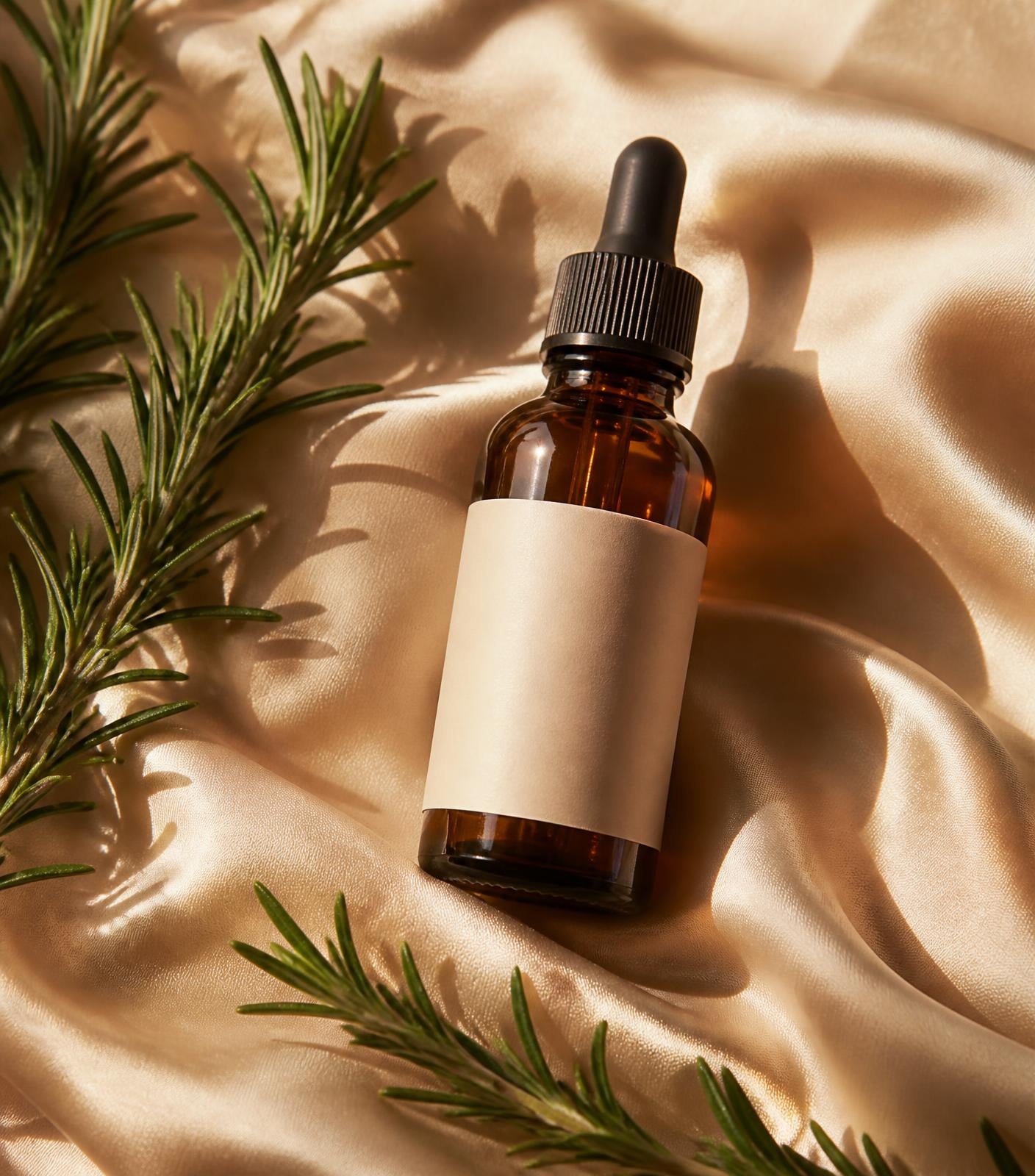 Amber glass hair oil bottle resting on silk with fresh rosemary